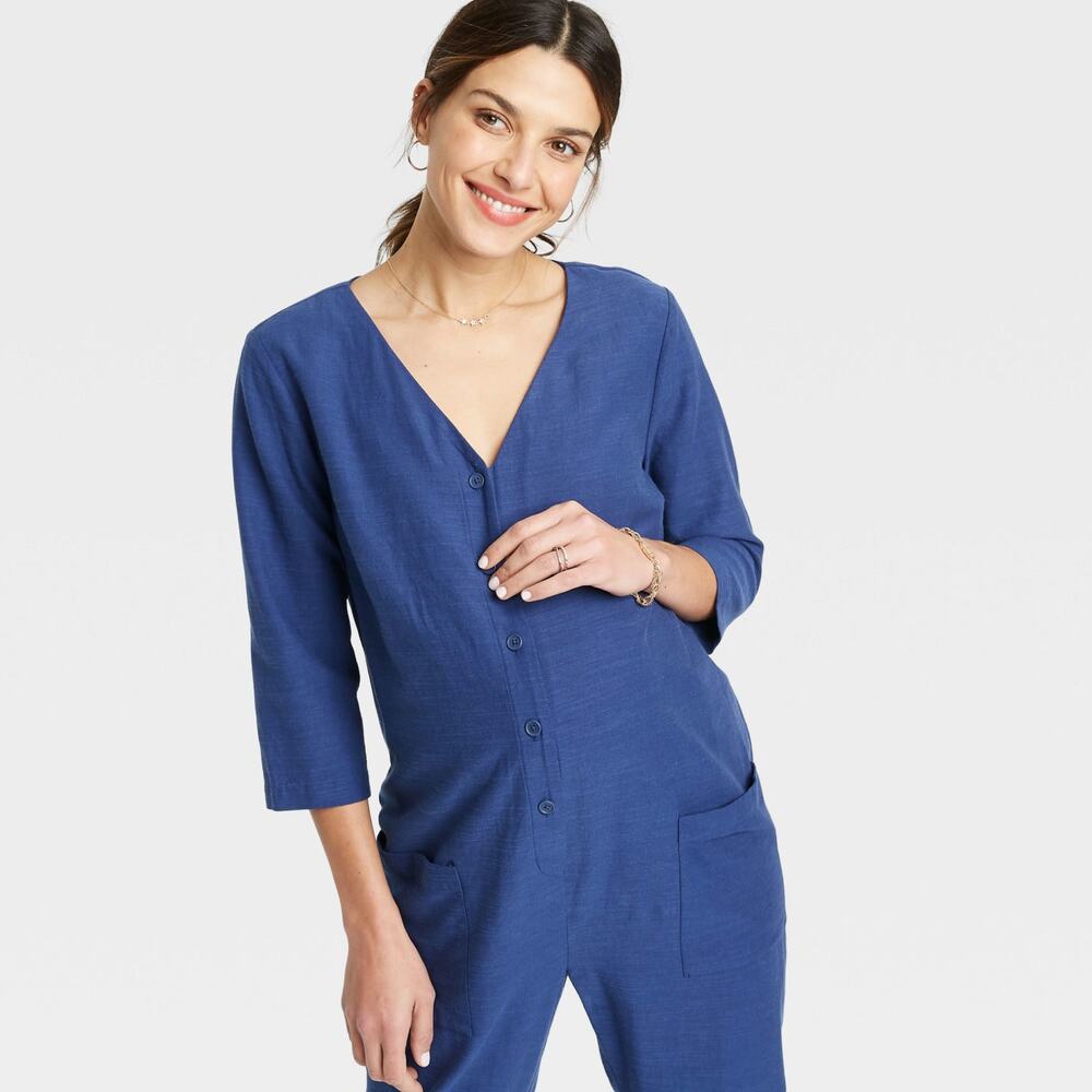 Hatch The Nines Jumpsuit Jumper Pockets Maternity Cotton Blend Blue Size XS